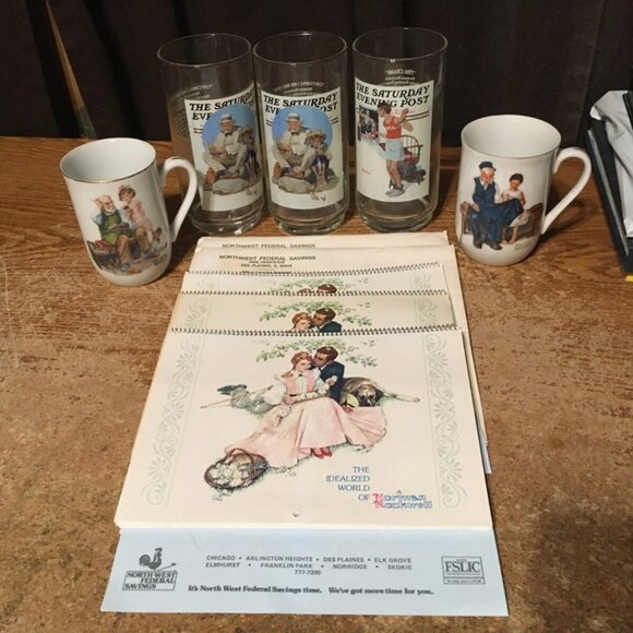 3X ARBY'S NORMAN ROCKWELL GLASSES 2X 1982 NORMAN ROCKWELL CUPS 3X 1981 CALENDARS - Picture 1 of 9
